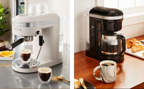 Side-by-side images of a KitchenAid® espresso maker and drip coffee maker