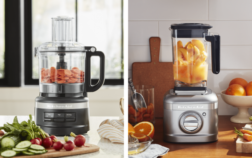 Two side-by-side images of a KitchenAid® blender and a KitchenAid® food processor.