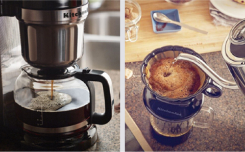 Auto drip coffee maker next to pour over coffee being made with a gooseneck kettle