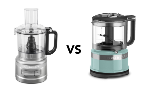 food processor vs food chopper with silver food processor and aqua food chopper on white background