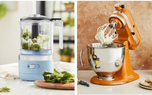 Blue KitchenAid brand food processor with onions in bowl and orange stand mixer with frosting on whisk