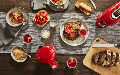 Various breakfast foods on a table