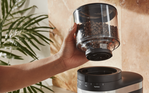 KitchenAid® burr grinder full of coffee beans