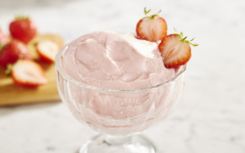 Strawberry blender ice cream in a glass bowl