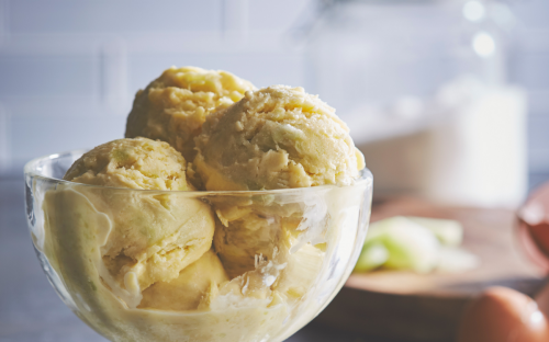 Homemade ice cream in a glass dish