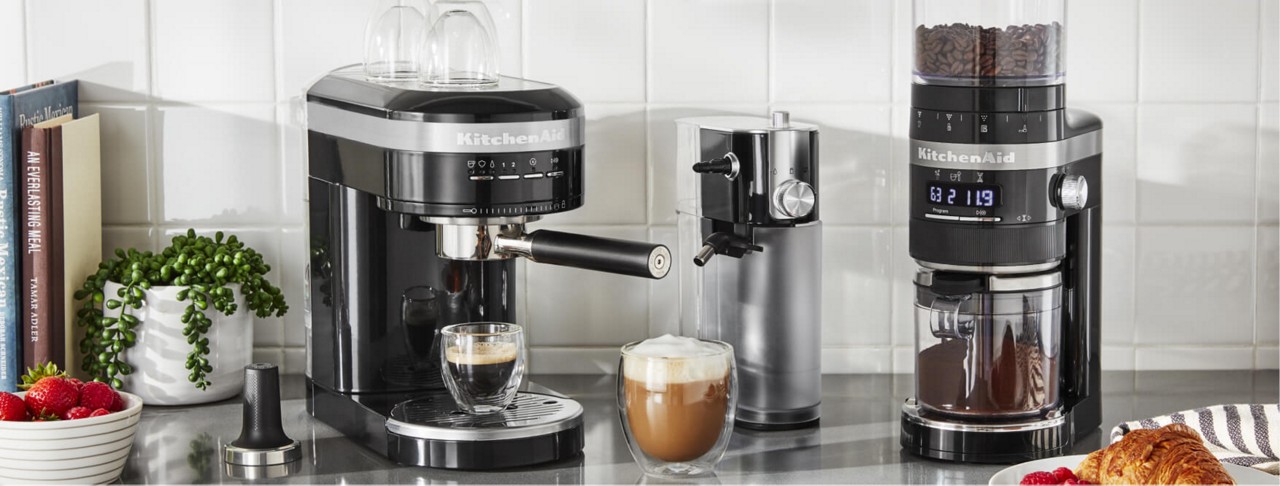  KitchenAid® Drip Coffee Maker, Siphon Coffee Brewer and Burr Grinder on countertop.