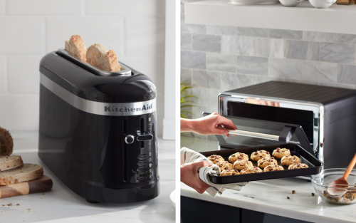 A black KitchenAid® toaster and sandwich; a black KitchenAid® toaster oven and chocolate chip cookies