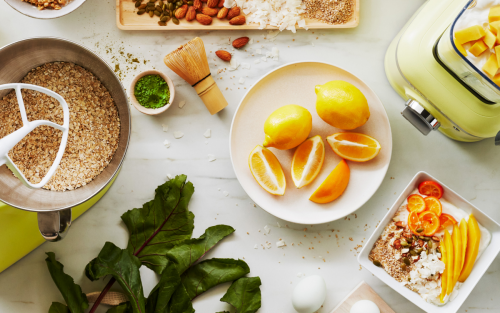 Recipe using lemons being made with KitchenAid stand mixer and blender.