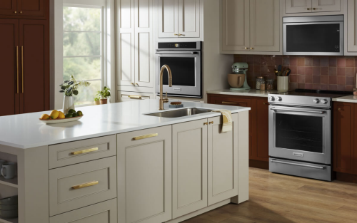 KitchenAid® refrigerator, oven and microwave appliance suite in a modern kitchen