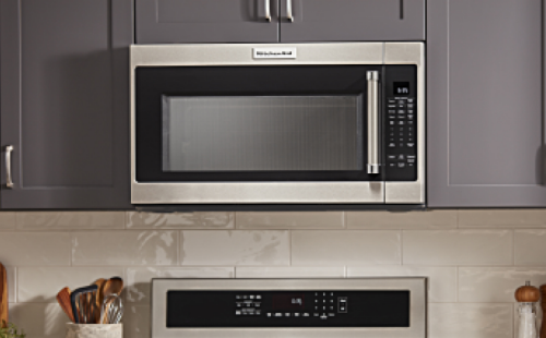 Over-the-range microwave in grey cabinets