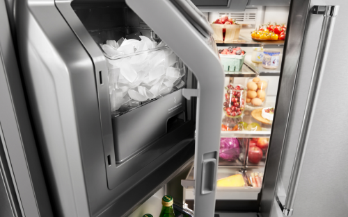 Close up of a refrigerator ice maker 