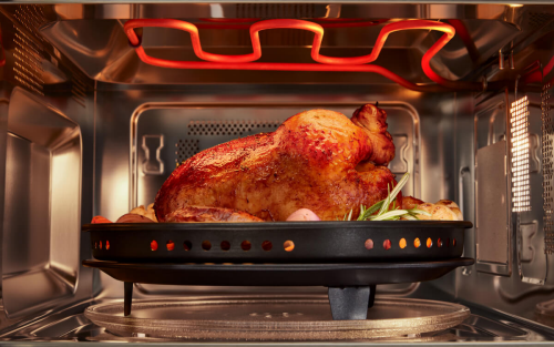 A roast chicken on a Grill Rack in a microwave