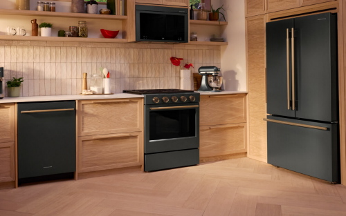 KitchenAid® suite of Juniper appliances in natural wood cabinetry