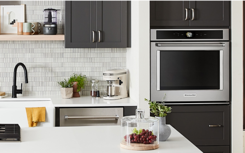 Stainless steel KitchenAid® single wall oven in dark gray cabinetry