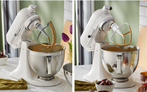 Two KitchenAid brand stand mixers with flat and flex edge beater accessories