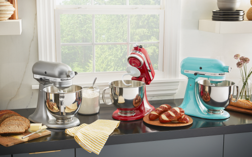 KitchenAid® stand mixers in silver, red and blue