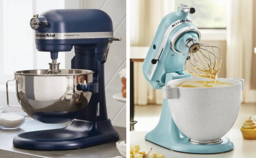 Blue bowl-lift stand mixer next to a blue tilt-head mixer