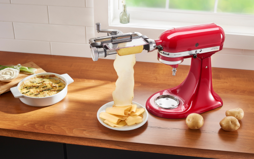 Red KitchenAid® stand mixer with Vegetable Sheet Cutter Attachment