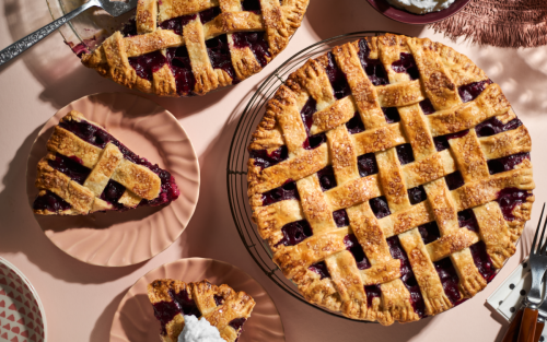 Closeup of blueberry lattice pastry pie crust