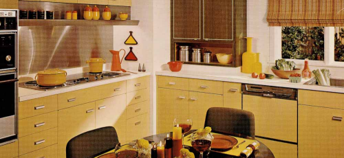 Retro kitchen with yellow cabinets