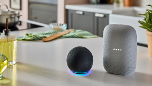 An Amazon Alexa and Google Home sitting on a countertop.