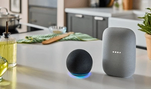 An Amazon Alexa and Google Home sitting on a countertop.