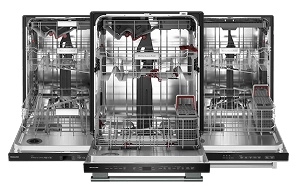 Three open KitchenAid® three-rack dishwashers