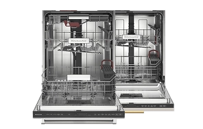 Two open KitchenAid® flush dishwashers