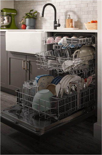 A three rack dishwasher in a contemporary kitchen.