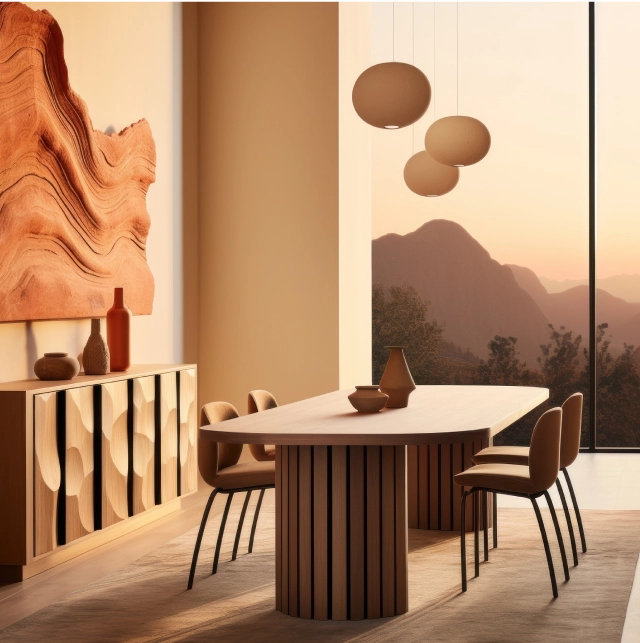 A minimalist modern dining room in warm neutrals.