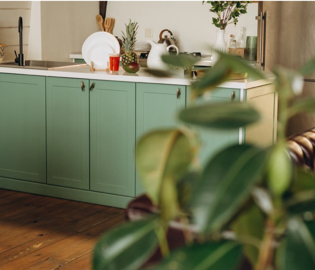 A small kitchen in pale sage green.