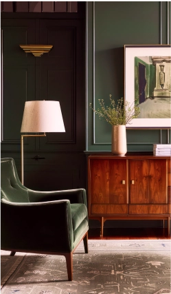An emerald green living room featuring dark wood furniture.