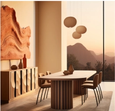 A minimalist modern dining room in warm neutrals.