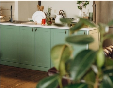 A small kitchen in pale sage green.
