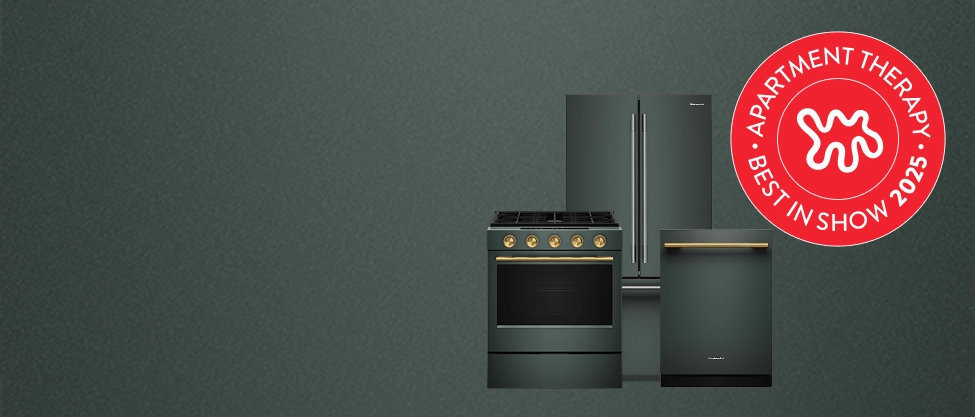 Three Juniper KitchenAid® appliances. The Apartment Therapy award badge.