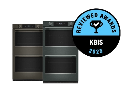 A pair of double wall ovens in Juniper and Black Ore with a Reviewed badge on top.