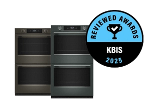 A pair of double wall ovens in Juniper and Black Ore with a Reviewed badge on top.