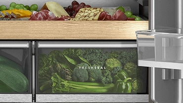 Crisper bins in a refrigerator.
