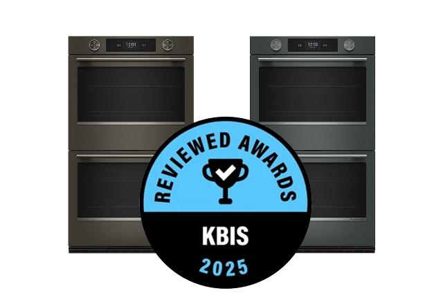 A pair of double wall ovens in Juniper and Black Ore with a Reviewed badge on top.