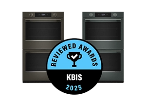 A pair of double wall ovens in Juniper and Black Ore with a Reviewed badge on top.