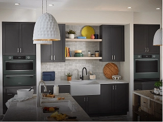 A contemporary kitchen in charcoal grey with KitchenAid® appliances.