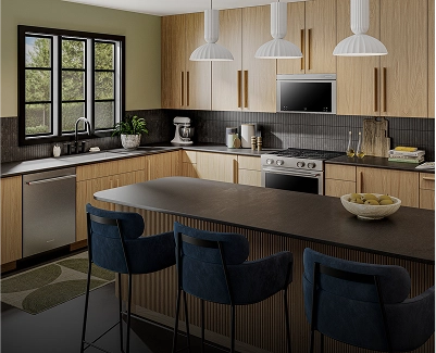 A suite of stainless steel appliances in a light wooden kitchen.