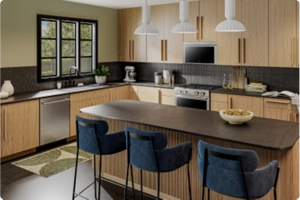 A suite of stainless steel appliances in a light wooden kitchen.