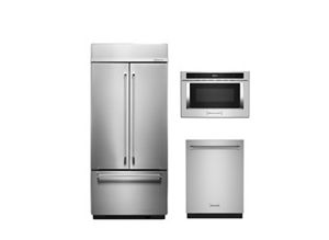 A stainless steel refrigerator, stainless steel dishwasher and stainless steel built-in microwave