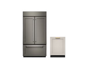 A French door refrigerator with custom panel and a dishwasher with a custom panel