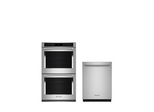 A stainless steel dishwasher and a stainless steel double wall oven