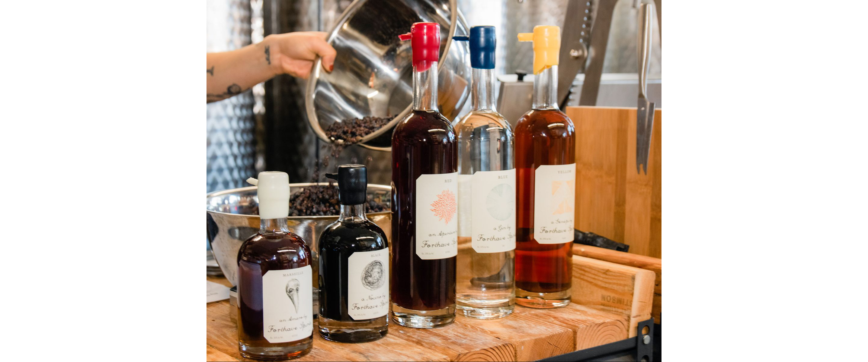 A variety of liquor bottles from Forthave Spirits.