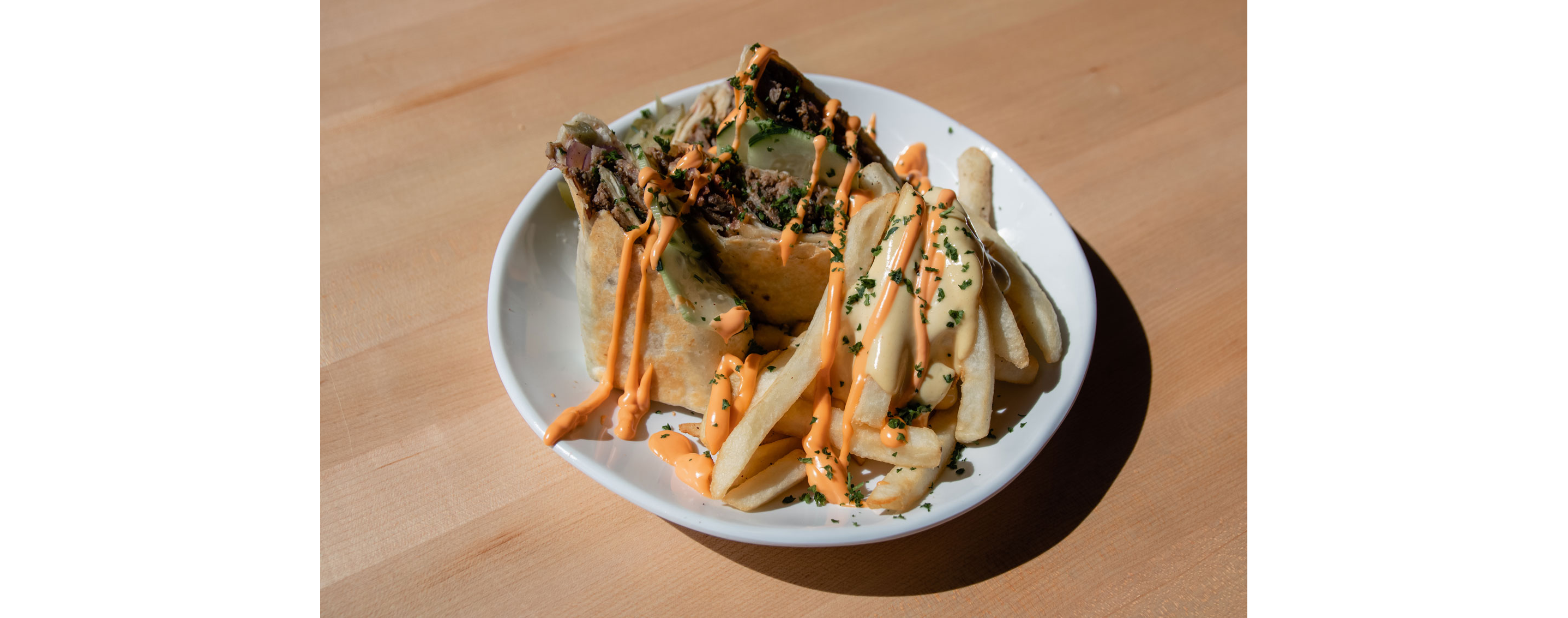 A plate of gyro and french fries.