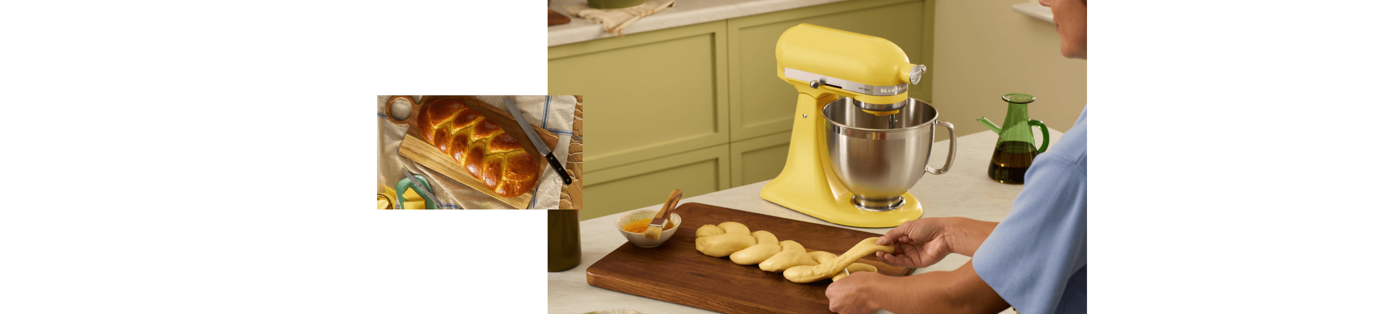 A freshly baked loaf of braided brioche bread. A person braiding dough next to the Butter stand mixer.