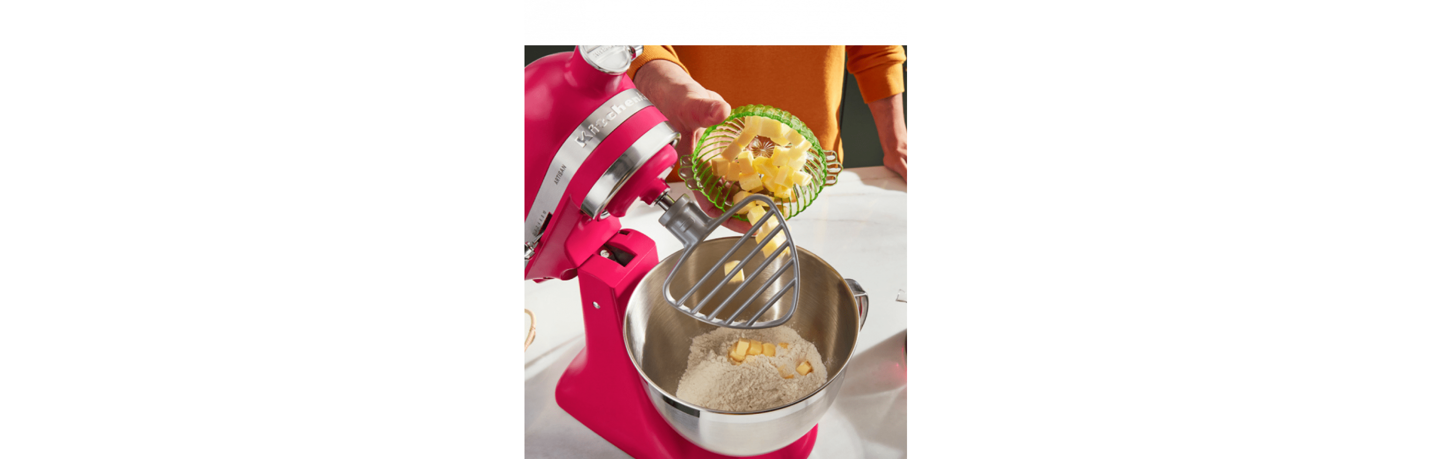 A Hibiscus stand mixer with the pastry beater attached.